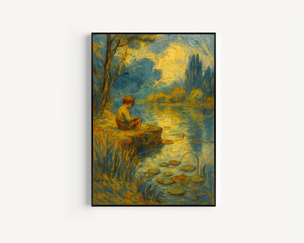 Vintage Boys Room Wall Art Download, Boy by Pond Oil Painting,  Wall Art, Nursery Decor, Rustic Antique Farmhouse
