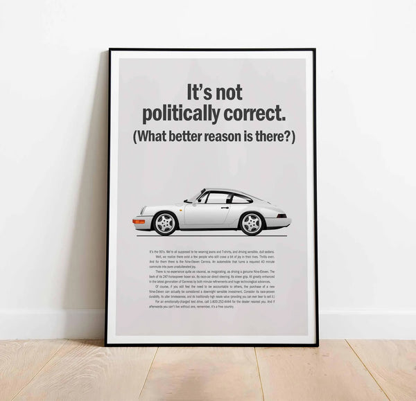 Vintage Car Ad Poster _Politically Correct_. 964 Magazin Ad Print. Gift for Porsche Car Enthusiast