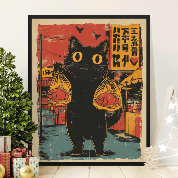 Vintage Cat with Fish Wall Art, Japanese Style Poster, Retro Cat Illustration, Unique Cat Decor, Quirky Home Decor, Animal Art Print 1807947708