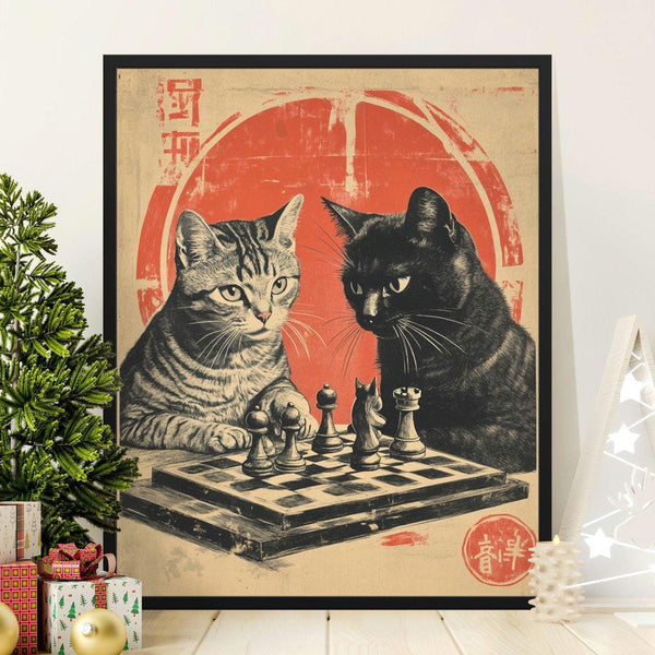 Vintage Cats Chess Artwork Poster, Retro Feline Chess Battle Print, Unique Cat Lover Wall Art, Animal Chess Game Poster 1820271066