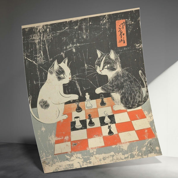 Vintage Cats Playing Chess Art Print, Retro Feline Chess Match Wall Poster, Whimsical Cat Decor, Unique Animal Art, Gift for Cat Lovers 1817049854