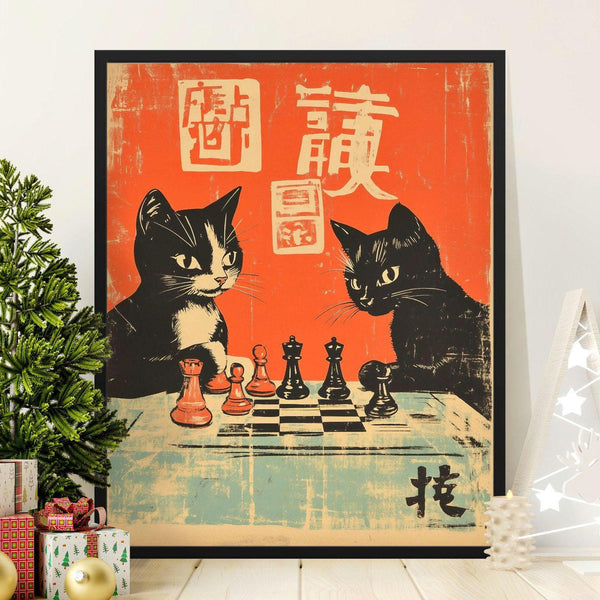 Vintage Chess Cats Poster, Retro Art Print, Wall Decor, Unique Gift Idea, Mid Century Art, Cat Lovers Gift, Living Room Wall Art 1820271124