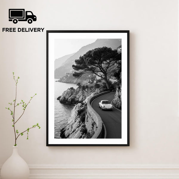 Vintage Classic Car Print, Porsche 911 Italy Coast, Fine Art Photography Wall Art, Museum Quality Print, Classic Black and White Poster 4402513367