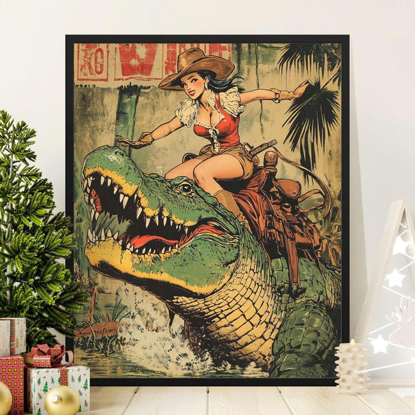 Vintage Cowgirl Riding Alligator Poster, Unique Western Art Print, Retro Adventure Wall Decor, Classic Comic Retro Style Illustration Gift 1876946074