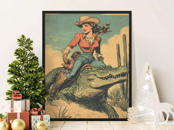 Vintage Cowgirl Riding Alligator Poster, Western Art Print, Unique Wall Decor, Retro Style Cowboy Decor, Quirky Gift Idea for Her 1859923338