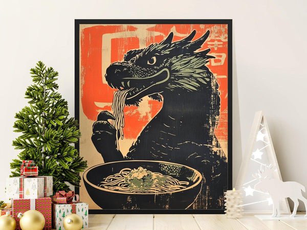 Vintage Dragon Eating Noodles Poster, Retro Asian Style Wall Art, Unique Kitchen Decor, Japanese Ramen Art, Gifts for Food Lovers 1863605431