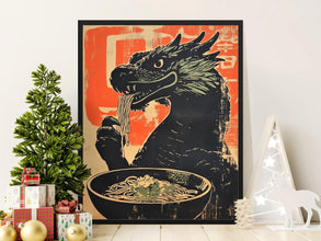 Vintage Dragon Eating Noodles Poster, Retro Asian Style Wall Art, Unique Kitchen Decor, Japanese Ramen Art, Gifts for Food Lovers 1863605431