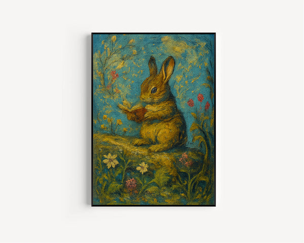 Vintage Easter Art Download, Rabbit Reading Book Painting, Whimsical Bunny Wall Art,  Spring Decor