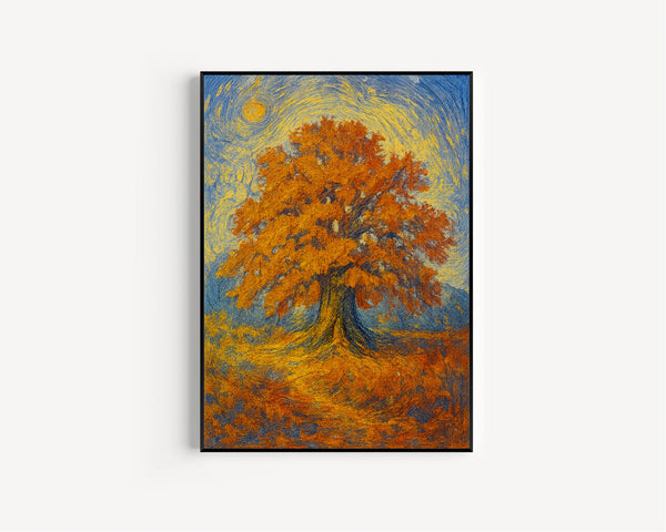 Vintage Fall Tree Wall Art Landscape Decor Print,  Wall Art, Antique Rustic Farmhouse Autumn Large Oak Orange Decoration