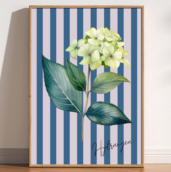 Vintage Floral Hydrangea Stripe Print, Charming Rustic Flower Art, Retro Botanical Wall Art, Cottagecore Bedroom, Elegant Vertical Stripes 1887621763