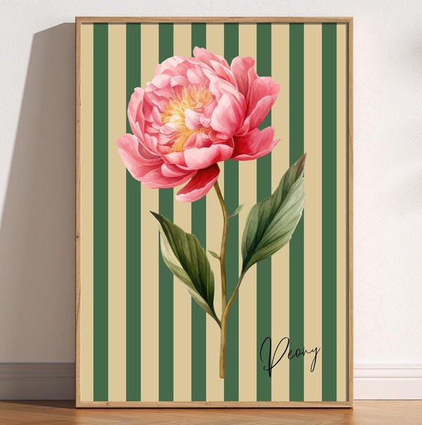 Vintage Floral Peony Stripe Print, Charming Rustic Flower Art, Retro Botanical Wall Art, Cottagecore Bedroom Decor, Elegant Vertical Stripes 1873433242