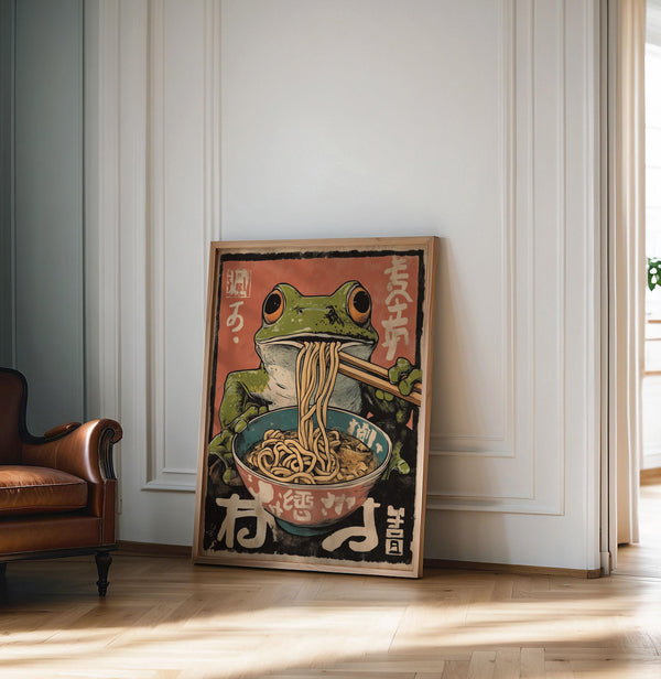 Vintage Frog Eating Ramen, Noodles Poster, Funny Frog Wall Art, Kitchen Decor, Japanese Inspired Art Print, Japanese poster, Japandi print 1864250072