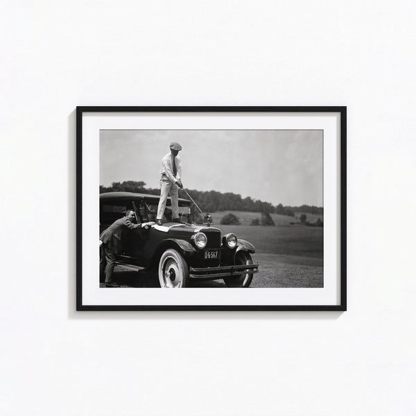 Vintage Golf Print, Golfer Standing on Antique Car, Black and White Wall Art, Vintage Print, Photography Prints, Museum Quality Photo Print 1606605636