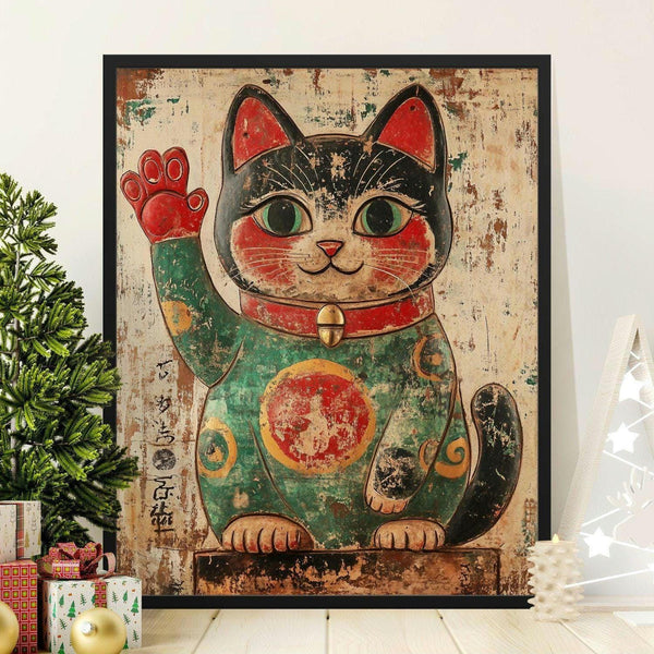 Vintage Japanese Lucky Cat Poster, Maneki Neko Wall Art, Asian Decor, Good Fortune Print, Antique Folk Style Artwork, Woodblock design, Gift 1822144459