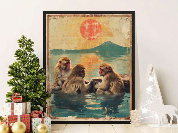 Vintage Japanese Monkeys Poster, Unique Wall Art Monkey Trio, Sunset Wildlife Print, Retro Style Animal Decor, Nature Landscape Poster 1858315440