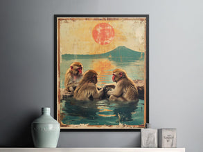 Vintage Japanese Monkeys Poster, Unique Wall Art Monkey Trio, Sunset Wildlife Print, Retro Style Animal Decor, Nature Landscape Poster 1858315440