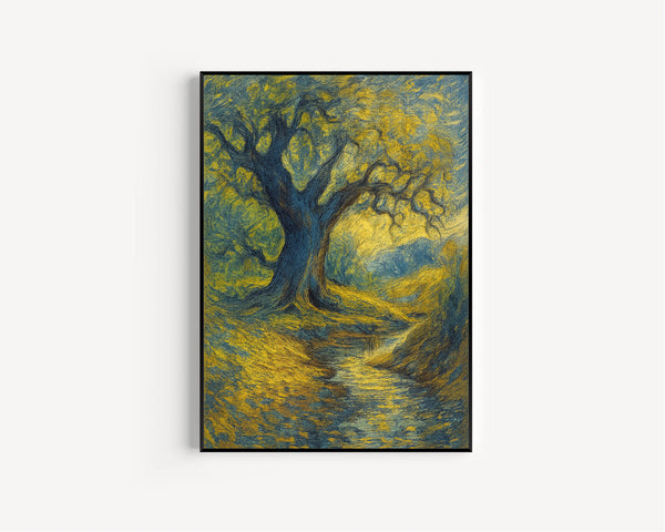 Vintage Landscape Painting Download  Oak Tree Stream Creek Neutral Muted Colors   Wall Art    Antique Rustic Décor
