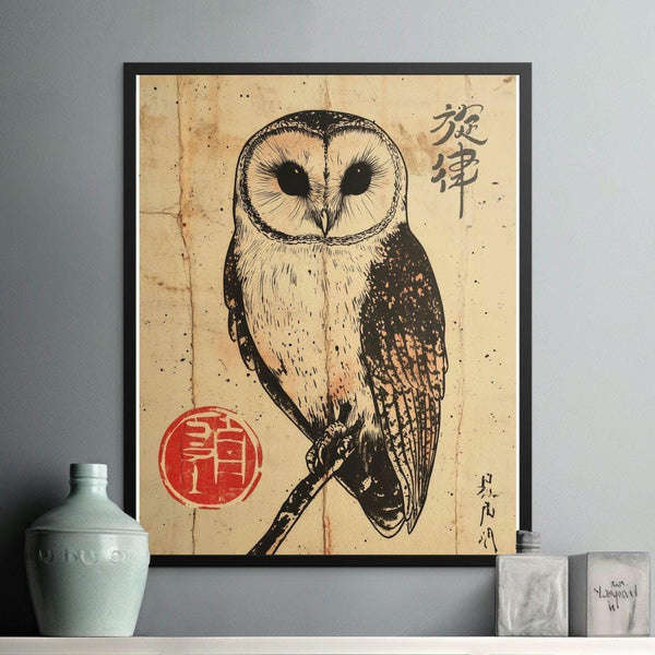 Vintage Owl Poster, Japanese Art Print, Barn Owl Wall Decor, Retro Animal Illustration, Unique Bird Artwork, Rustic Home Decor, Nature Print 1832212739