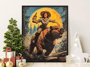 Vintage Poster Rider on Bear, Retro Style Wall Art, Unique Bar Decor Print, Rustic Cowboy Decor, Western Themed Home Decoration 1863605581