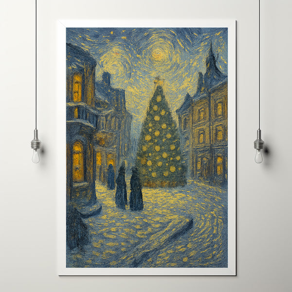 Vintage Snowy Town Christmas Tree Print Cozy Winter Decor
