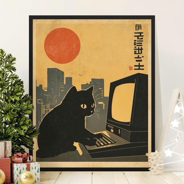 Vintage Style Cat Poster, Retro Cat with Computer, Japanese Urban Landscape, Wall Art Decor, Cat Lovers Gift 1816500452
