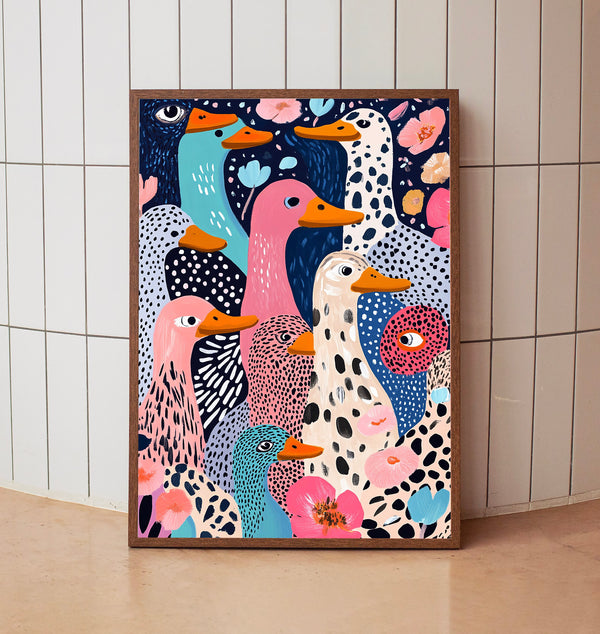 Wall Art, Funny Poster, Ducks Wall Art, Funny Poster, Colorful Ducks Print, Trendy Animal Pattern Decor1