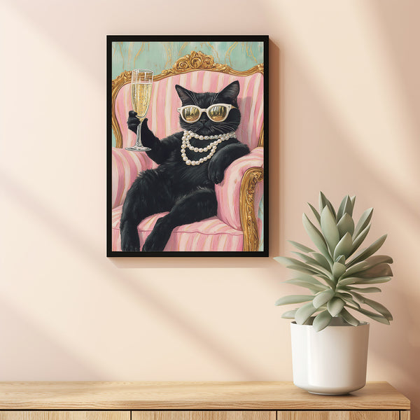 Wall Art, Maximalist Cat Art, Dopamine Decor, Bar Cart Print, Black Cat Drinking Wine Wall Decor 1