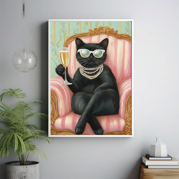 Wall Art, Maximalist Cat Art, Dopamine Decor, Bar Cart Print, Black Cat Drinking Wine