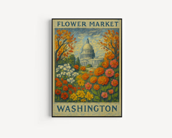Washington Flower Market Poster, Wall Decor, United States Floral Illustration, Botanical Gallery Wall Art, Gift For Friend, Travel Poster