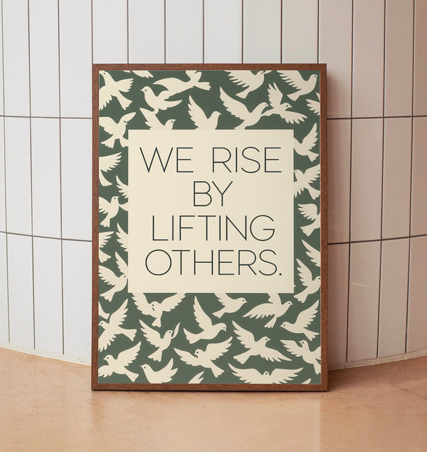 We Rise by Lifting Others, Empowering, Motivational Wall Art Dark Green & White Birds in Mid Century Style Picture Print or Canvas