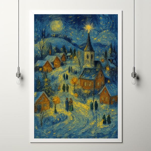 Whimsical Christmas Village Print Snowy Holiday Art