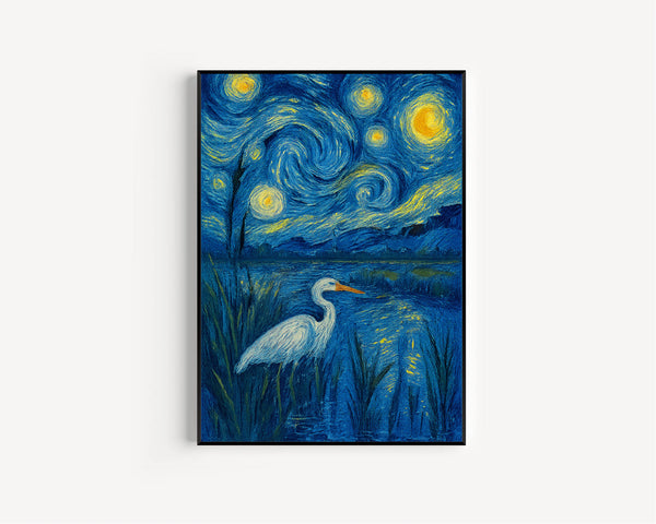 White Heron at Sunset Poster, Egret Shore Bird Wall Art Print, Coastal Beach House Decor, Pastel Summer Marsh Poster, Nature Landscape Art