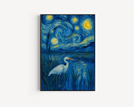 White Heron at Sunset Poster, Egret Shore Bird Wall Art Print, Coastal Beach House Decor, Pastel Summer Marsh Poster, Nature Landscape Art