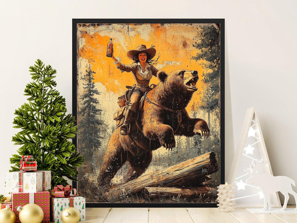 Wild West Cowgirl Riding Bear Poster, Unique Western Wall Art, Adventure Vintage Decor, Wild Animal Poster, Rustic Home Office Art Print 1849400836