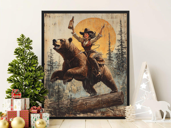 Wild West Cowgirl Riding Bear Vintage Style Poster, Retro Western Decor, Wall Art for Living Room, Unique Cowboy Theme Print 1863605619
