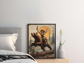 Wild West Cowgirl Riding Bear Vintage Style Poster, Retro Western Decor, Wall Art for Living Room, Unique Cowboy Theme Print 1863605619