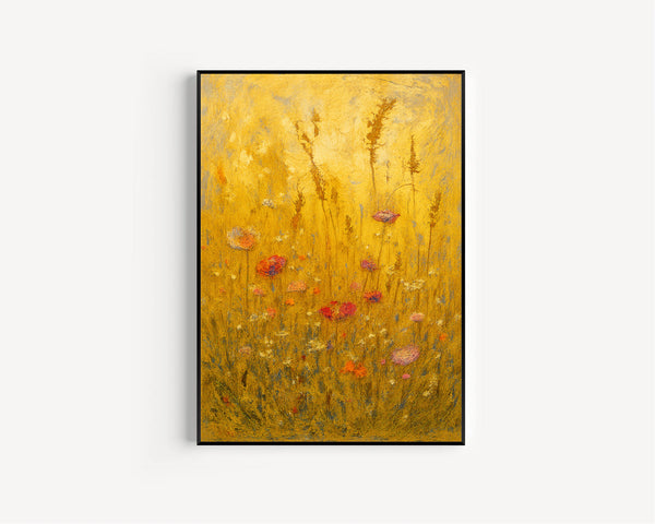 Wildflower Field Wall Art, Vintage Botanical Framed Canvas Art, Rustic Farmhouse Wall Decor, Abstract Floral Living Room Large Canvas Print
