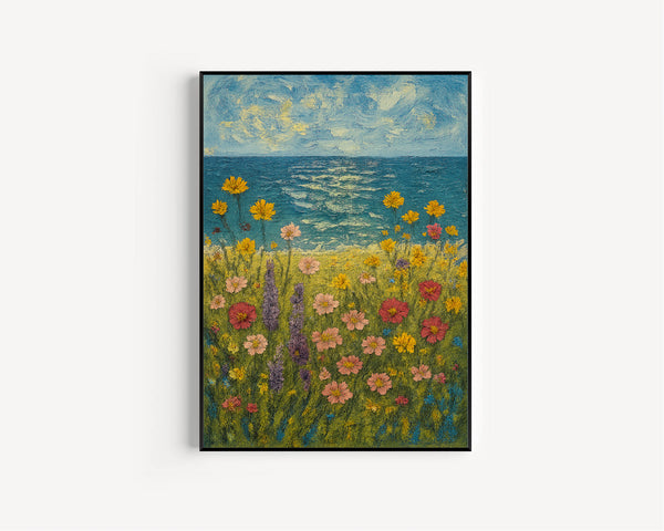 Wildflowers Field Coastal Framed Wall Art, Spring Floral Decor, Seascape Home Canvas Art, Botanical Canvas Decor, Vintage Farmhouse Decor