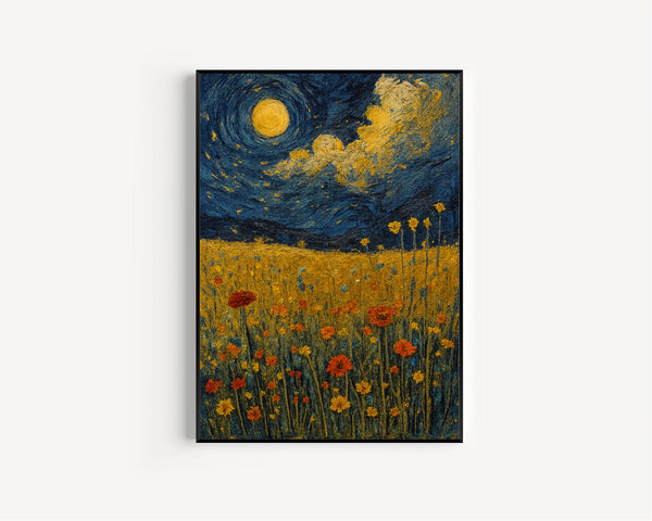 Wildflowers Field Framed Wall Art, Abstract Night Sky & Moon Decor, Vintage Floral Canvas Art, Rustic Farmhouse Living Room Canvas Print