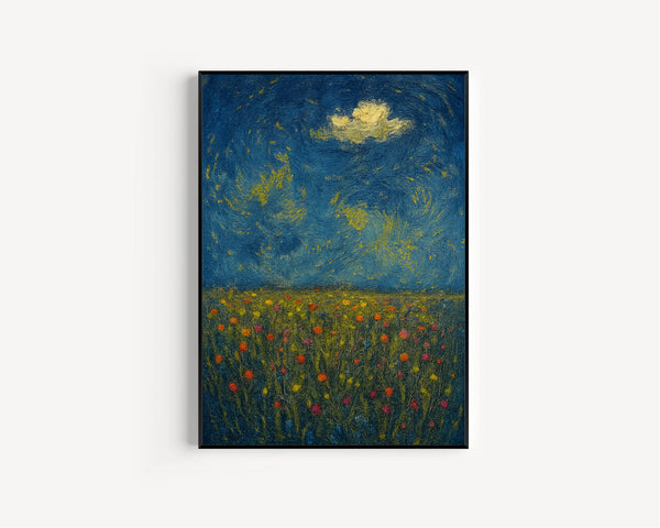 Wildflowers Field Framed Wall Art, Rustic Dark Blue Sky & Flowers Wall Decor, Floral Landscape Canvas Art, Vintage Farmhouse Canvas Print