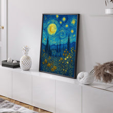 William Morris Full Moon Above Woodland Print - Cotton Prints Exhibition Vintage William Morris, Luxury Botanical Foliage Trees Moon Stars