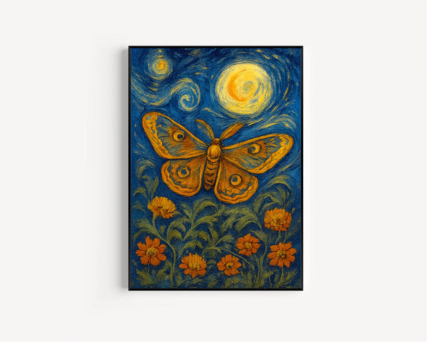 William Morris Style Botanical Moth And Moon Print - Cotton Prints Exhibition, Vintage William Morris Poster, Luxury Celestial Moth Floral