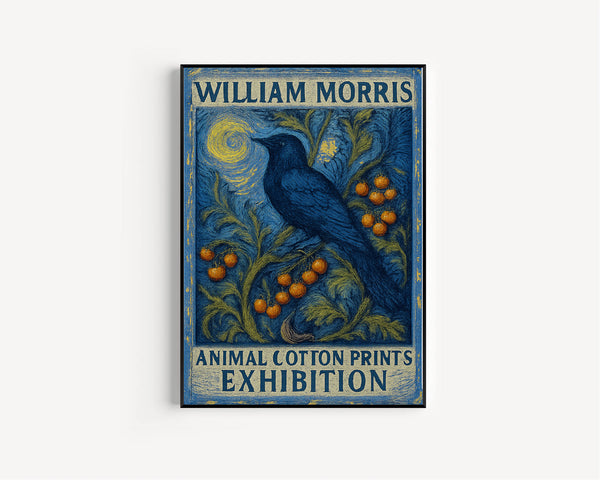 William Morris Style Crow Print - Animal Cotton Prints Exhibition, Textiles, Vintage William Morris Poster, Luxury Traditional Crow Berries