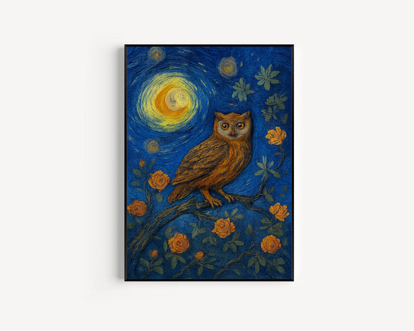 William Morris Style Owl And Moon Print - Cotton Prints Exhibition Vintage William Morris Poster, Luxury Botanical Nature, Celestial Bird