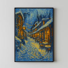 Winter Village Square with Café Lights - Frosty Christmas Wall Art, Rustic Holiday Landscape1