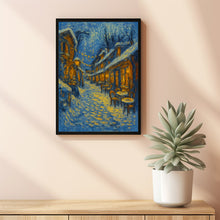 Winter Village Square with Café Lights - Frosty Christmas Wall Art, Rustic Holiday Landscape1