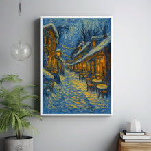 Winter Village Square with Café Lights - Frosty Christmas Wall Art, Rustic Holiday Landscape1