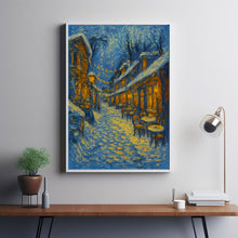Winter Village Square with Café Lights - Frosty Christmas Wall Art, Rustic Holiday Landscape1