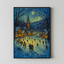 Winter Village Square with Ice-Skating Rink - Rustic Christmas Wall Art, Snowy Holiday Scene