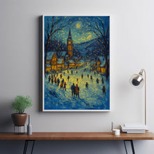Winter Village Square with Ice-Skating Rink - Rustic Christmas Wall Art, Snowy Holiday Scene